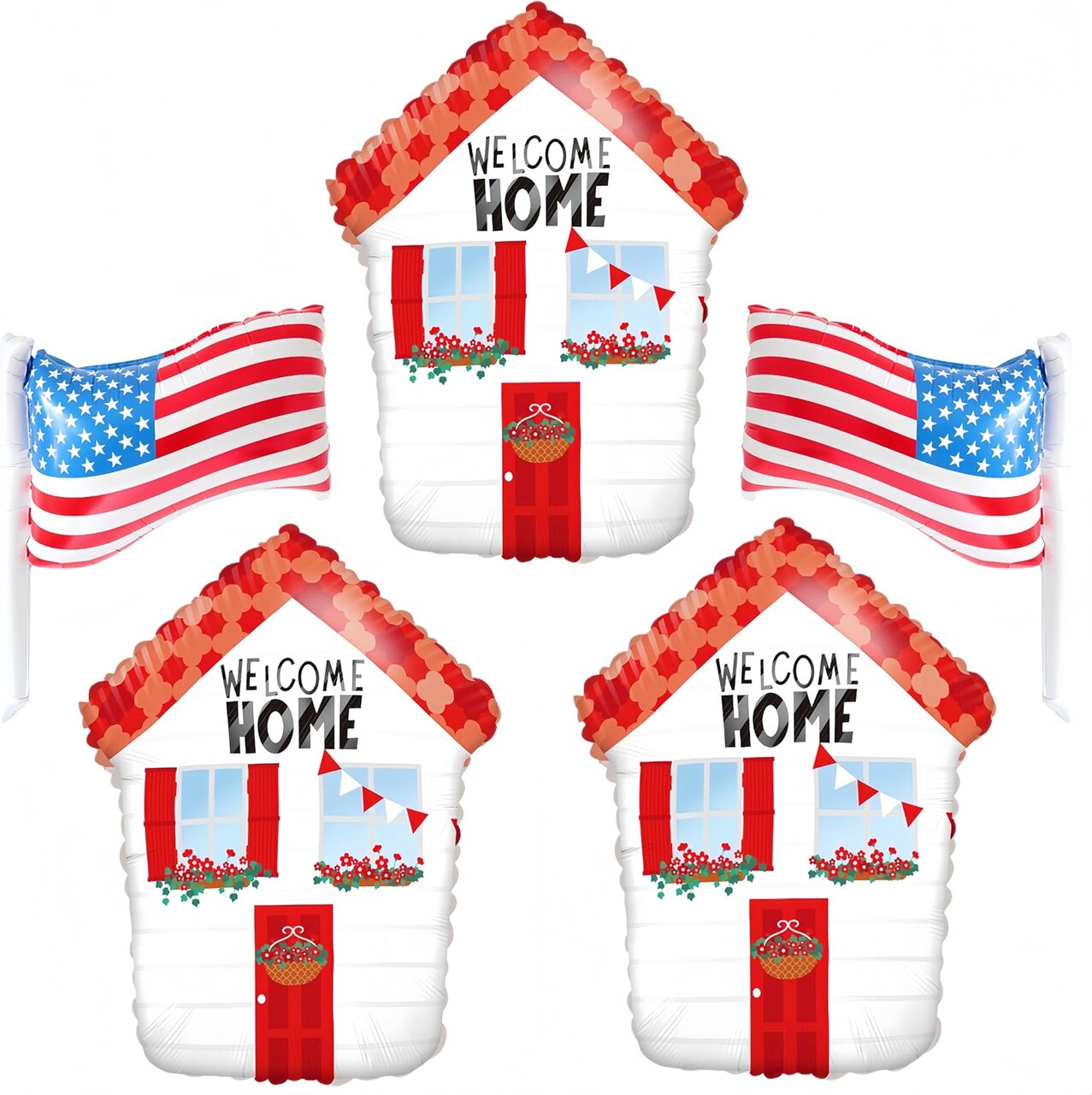 5Pcs Welcome Home Balloon/Red House Balloons with USA Flag Foil Balloons for Veterans Day, Memorial Day, Happy Adoption Day,Thanksgiving, Christmas, Military Homecoming Patriotic Celebrations